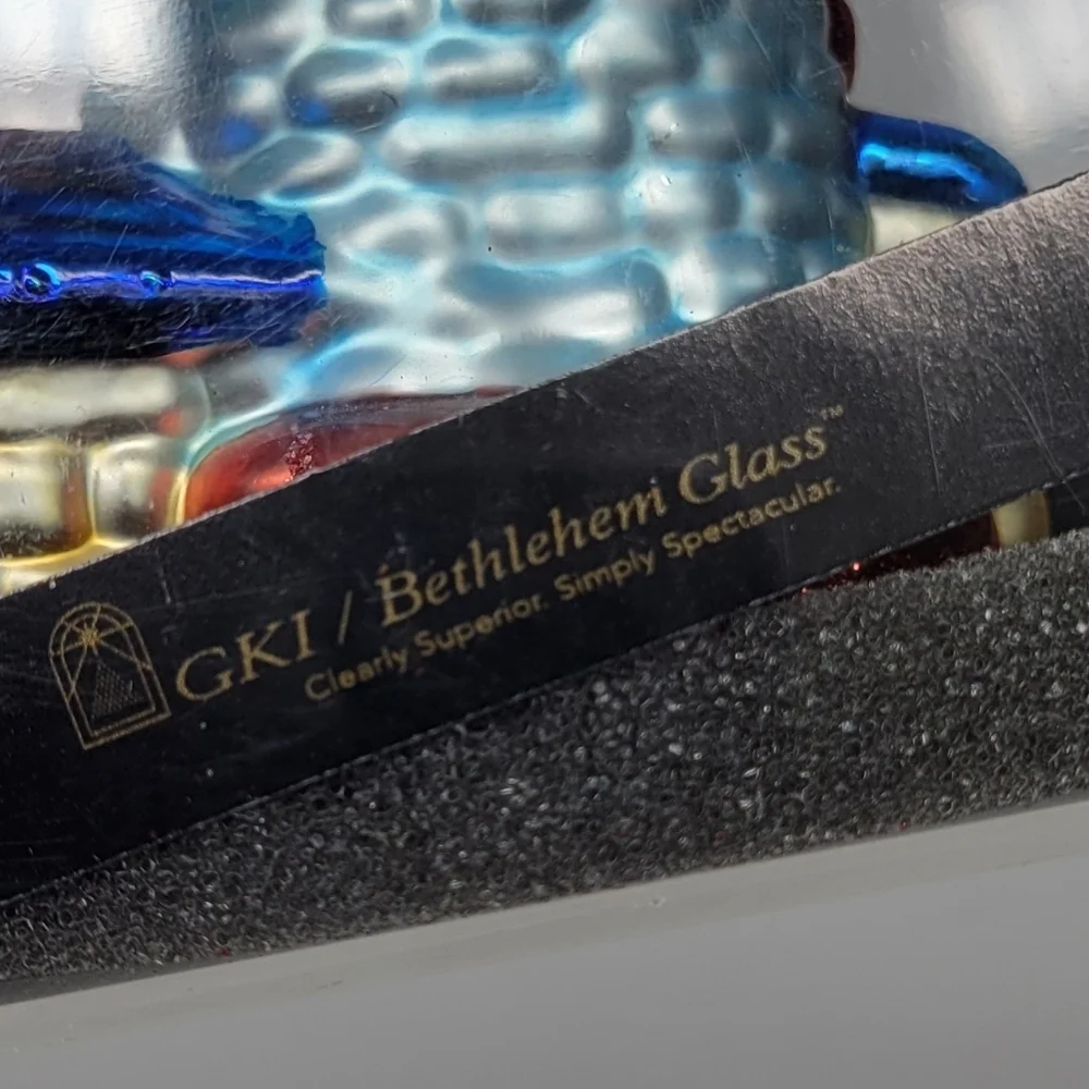 VTG Blown Glass lighthouse‎ Ornament Red Blue Glitter Ocean Coastal Holiday Gift